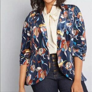 Modcloth Blazer Velvet Floral One Button Front Business Blue Multicolor S 31-9